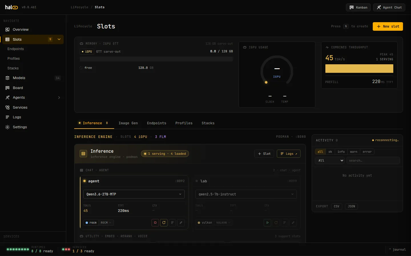 hal0 inference engine view listing each active slot with its model, device, and live telemetry.